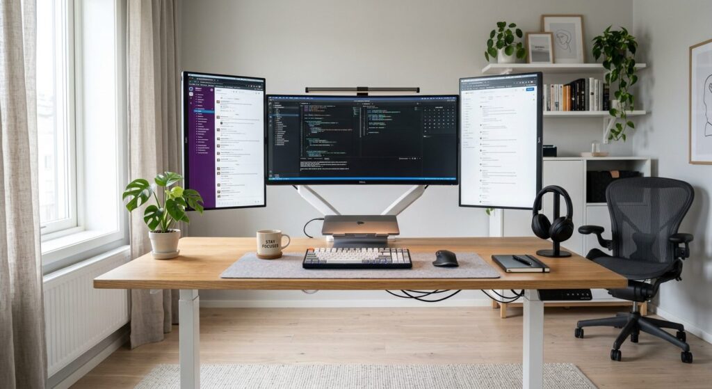 Moderne arbejdsstation i hjemmekontor med ergonomisk indretning og flere skærme til optimal produktivitet