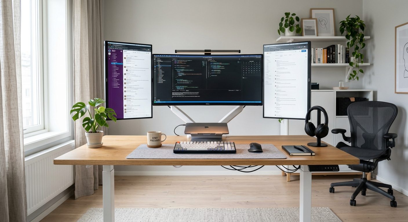 Moderne arbejdsstation i hjemmekontor med ergonomisk indretning og flere skærme til optimal produktivitet
