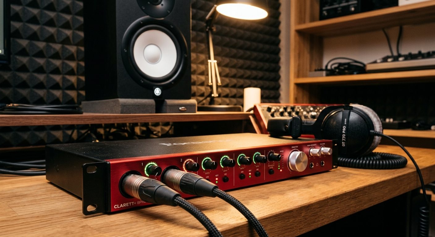 Professionelt lydkort med XLR-forbindelser i hjemmestudio setup til musikproduktion
