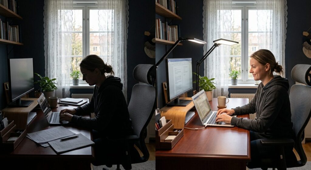 Hjemmekontor med og uden ordentlig arbejdsbelysning, der viser forskellen på træthed og produktivitet