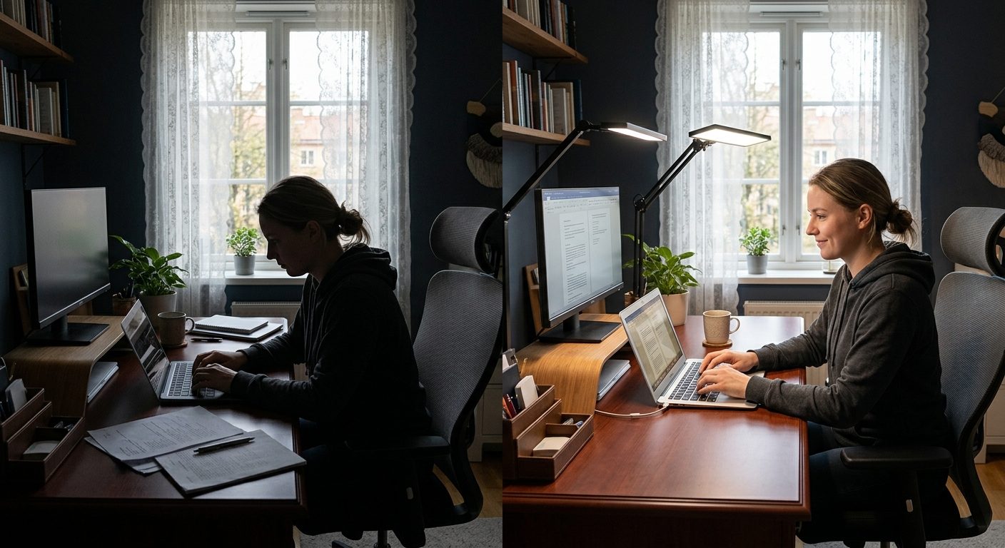 Hjemmekontor med og uden ordentlig arbejdsbelysning, der viser forskellen på træthed og produktivitet