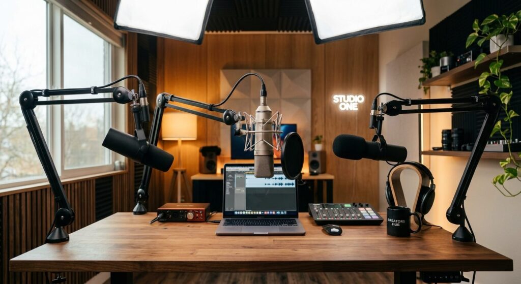 Oversigt over forskellige mikrofontyper til streaming og podcast-produktion i professionelt studiomiljø