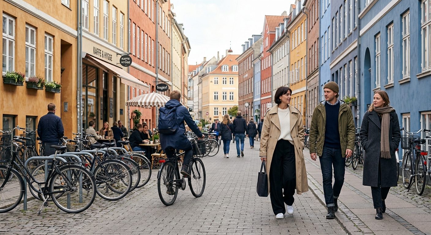 Mennesker i typisk københavner stil går på en gade i København