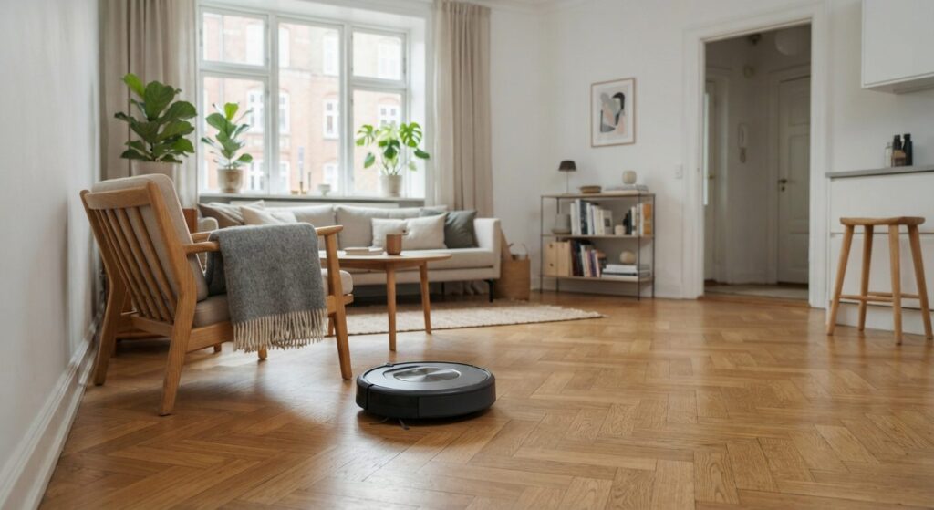 Robotstøvsuger kører på gulvet i en lille lejlighed i København