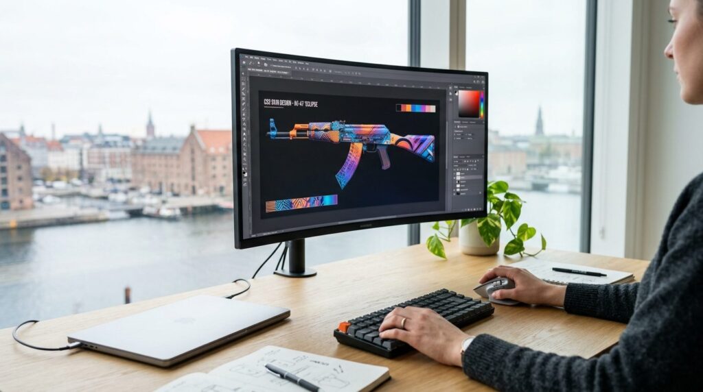 Close-up of a designers hands working at a minimalist Scand