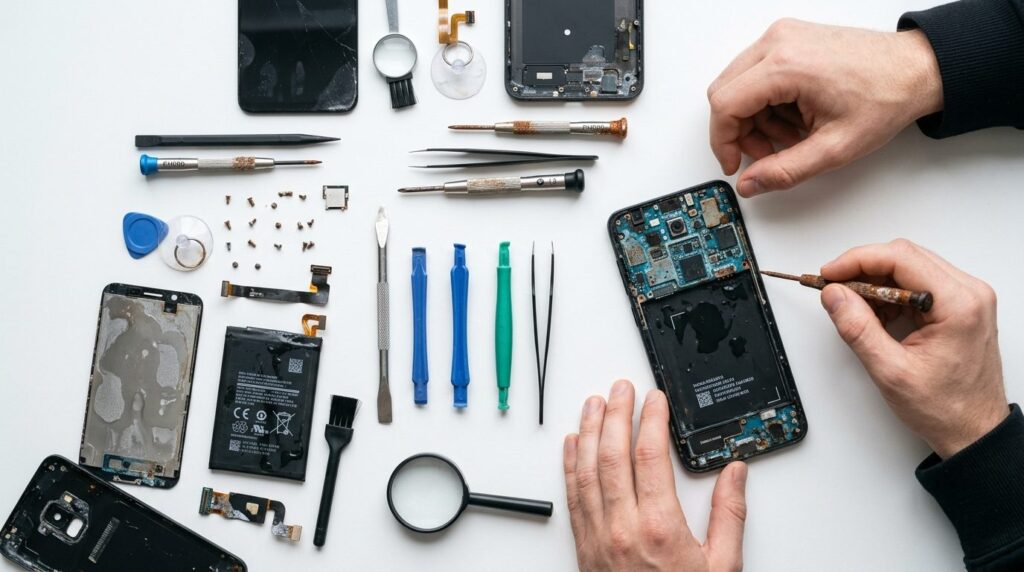 Photorealistic flat lay of water-damaged smartphone disassem