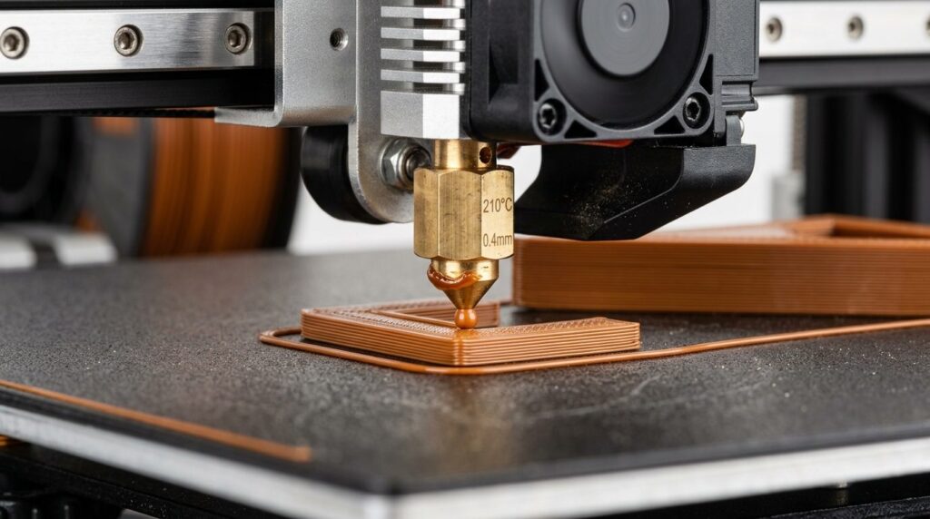Close-up macro photography of a 3D printer nozzle extruding