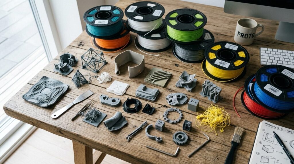 Flat lay overhead shot of various failed 3D printed prototyp