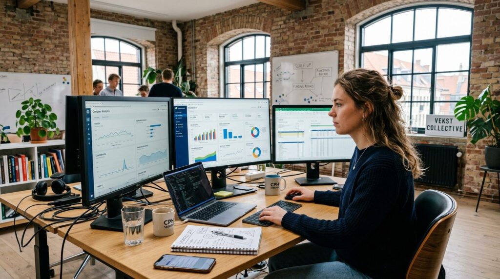 Young startup founder in a bright Copenhagen loft workspace,
