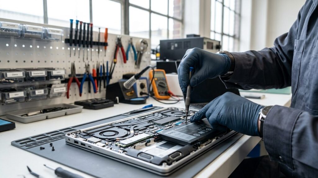 Close-up macro photography of a technicians hands carefully