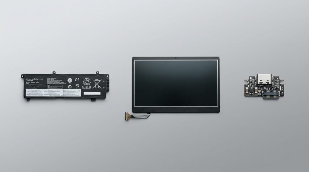 Detailed product photography of three laptop components isol