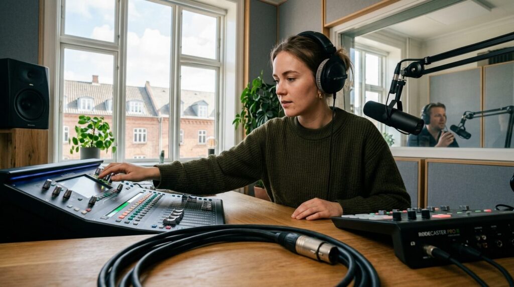 Young creative professional in Copenhagen studio checking au