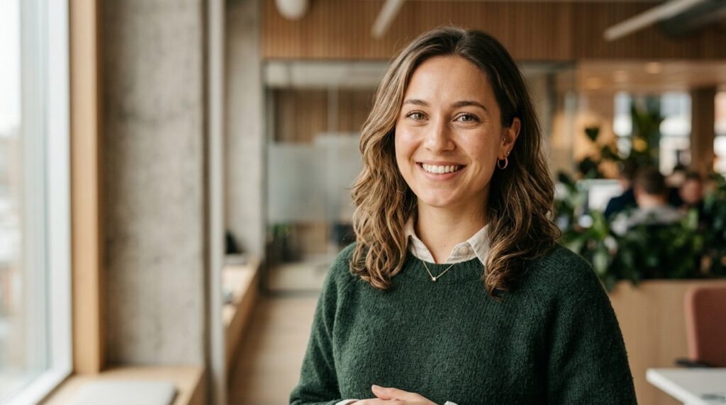 Close-up professional headshot of young female tech innovato