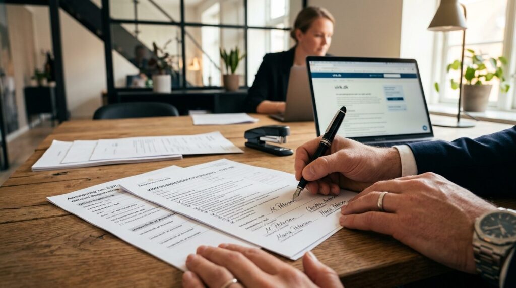 Hænder skriver under på officielle forretningsdokumenter.