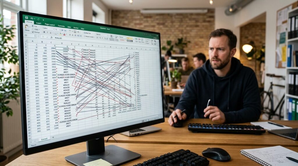 Person sidder ved computer med fokus på skærmen og tastatur under arbejde.
