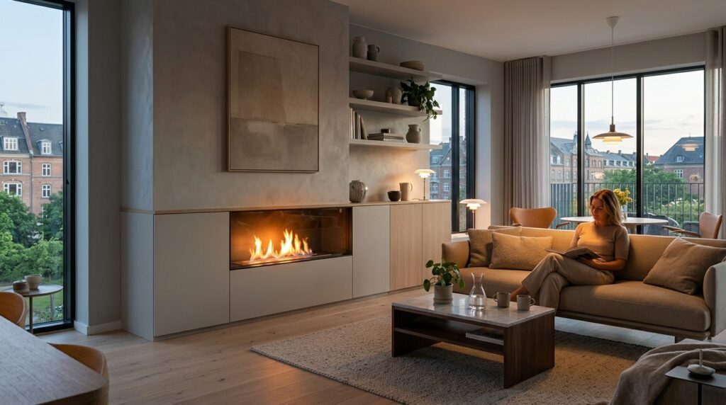Finished luxury Copenhagen apartment interior featuring a bu