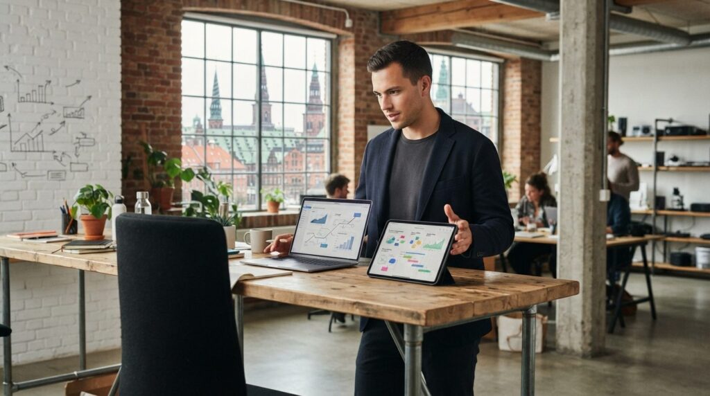 Young tech founder at standing desk in creative startup work