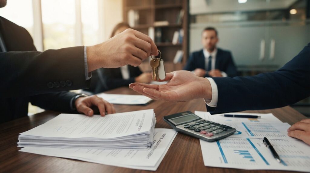 Close-up of hands exchanging keys and signed contract docume