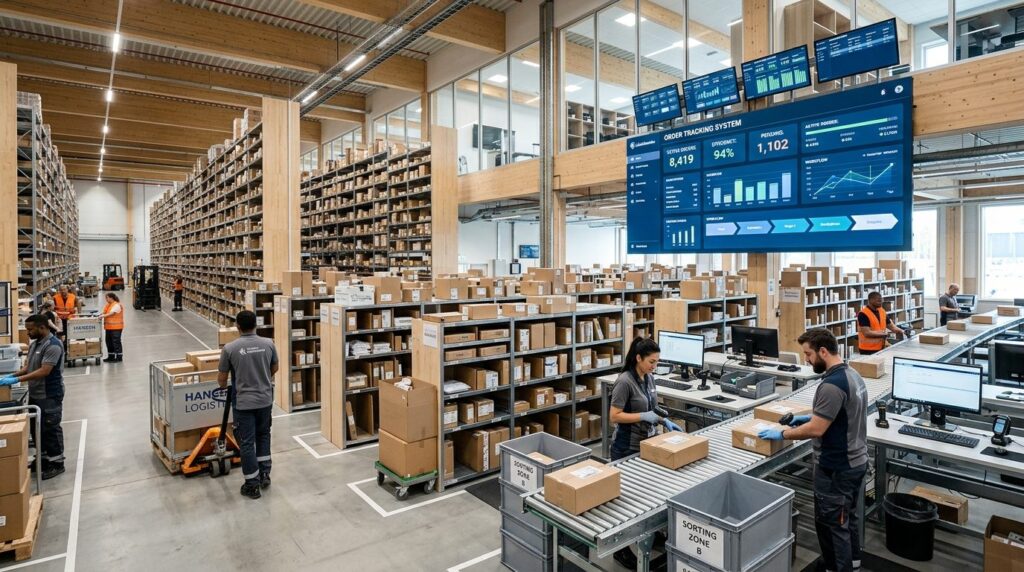 Wide shot of busy logistics warehouse or fulfillment center 