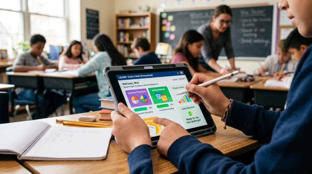 Close-up of a students hands using an educational app on a 