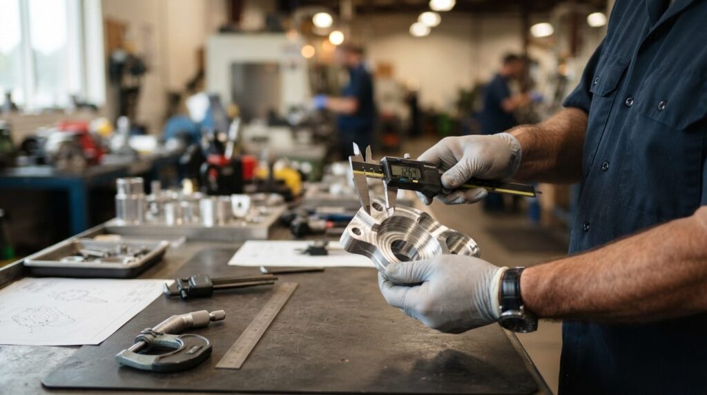 Close-up photorealistic shot of an engineers hands inspecti