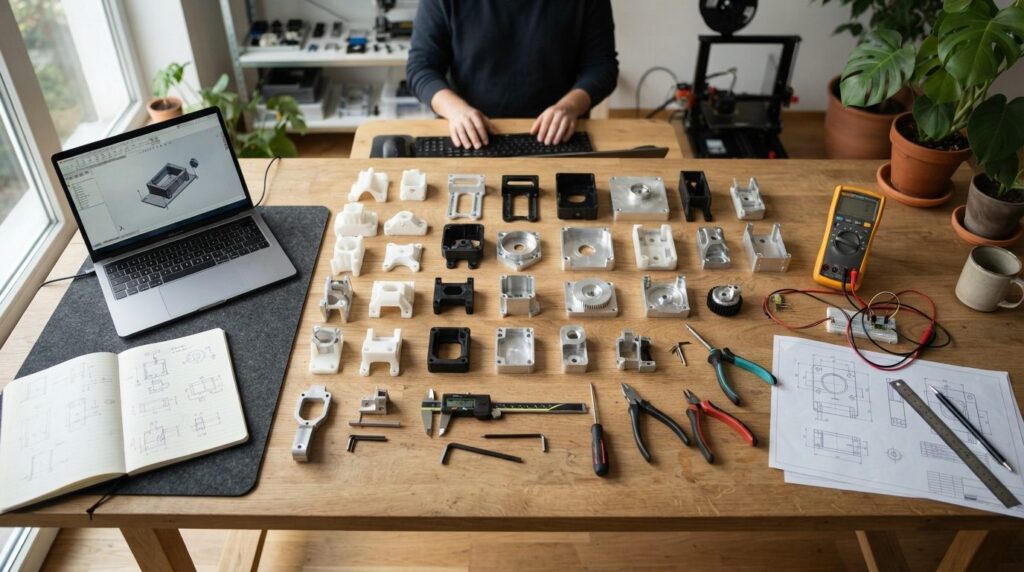 Photorealistic overhead view of a modern tech startup worksp