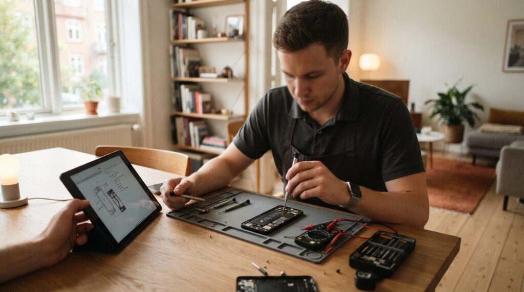 Young tech repair specialist at customers home in Copenhage