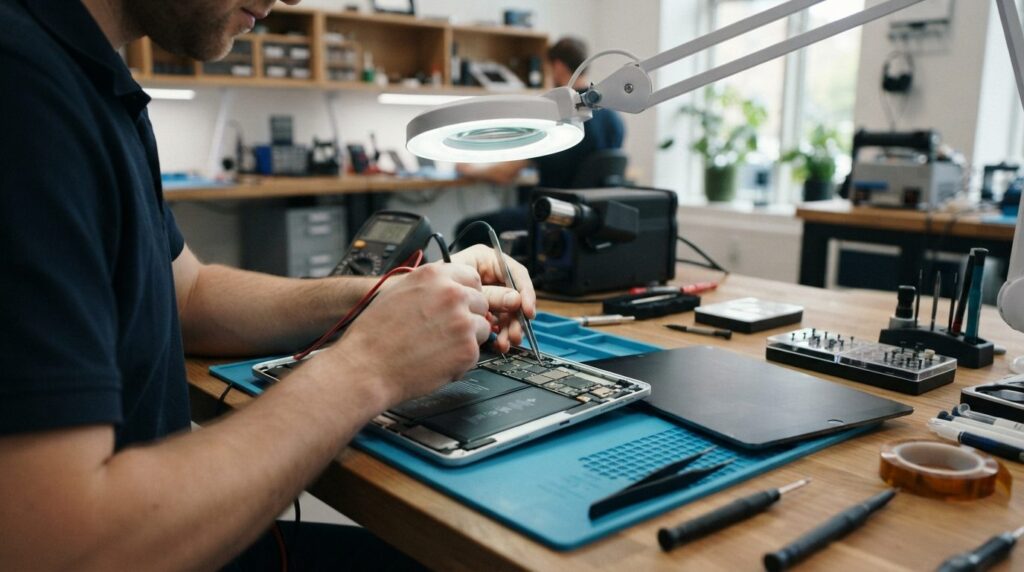 Close-up detail of smartphone diagnostic process: technician