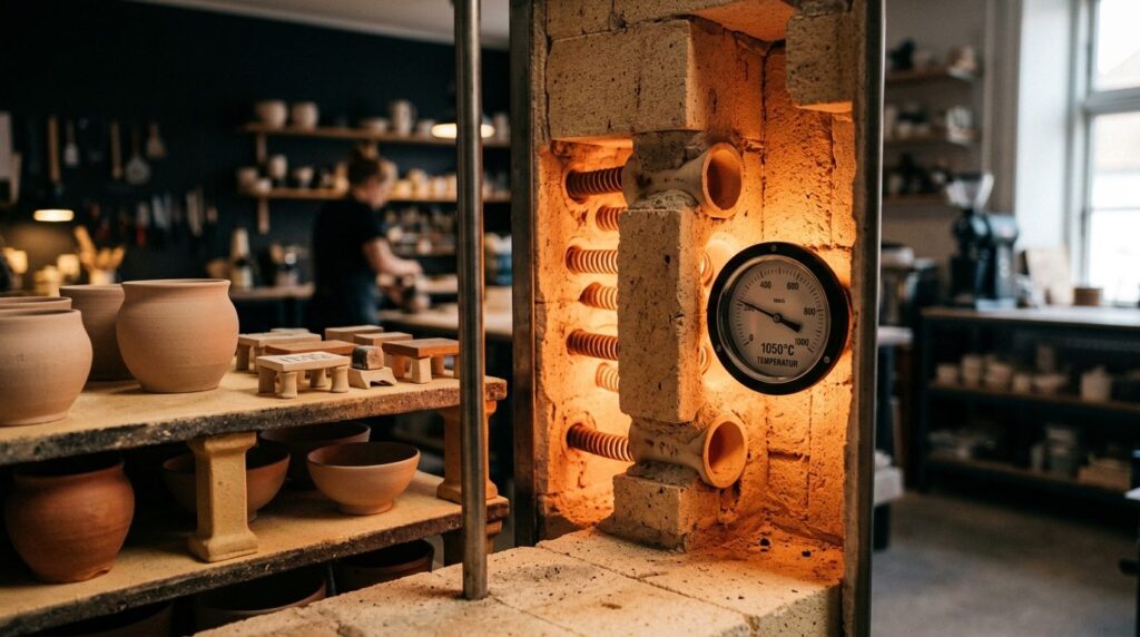 Close-up detail shot of ceramic kiln interior with heating e