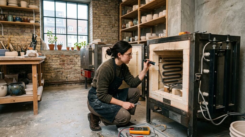 Young ceramic maker in Copenhagen workshop performing kiln m