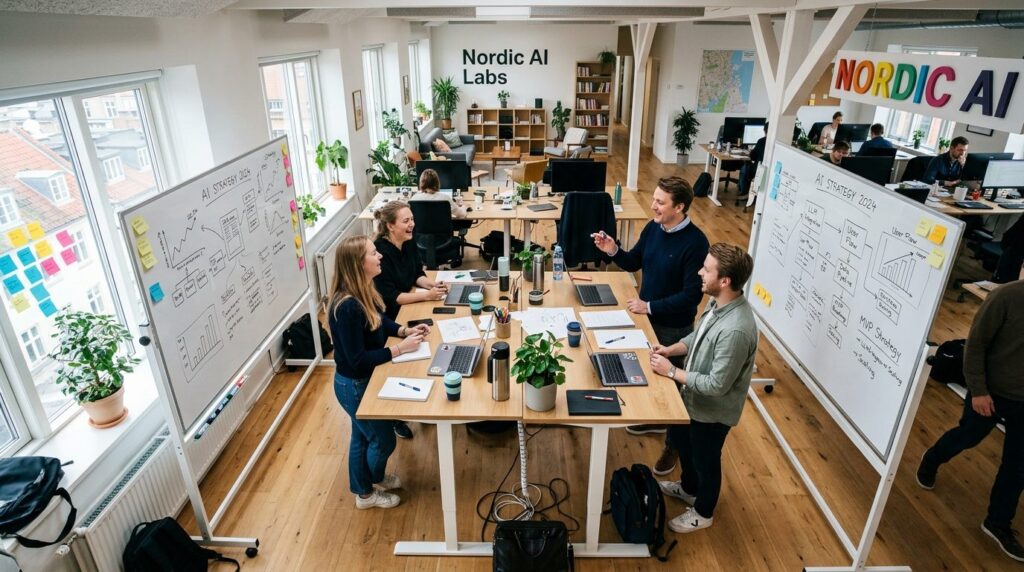 Fuglerperspektiv af et kontor på en tag i en storby