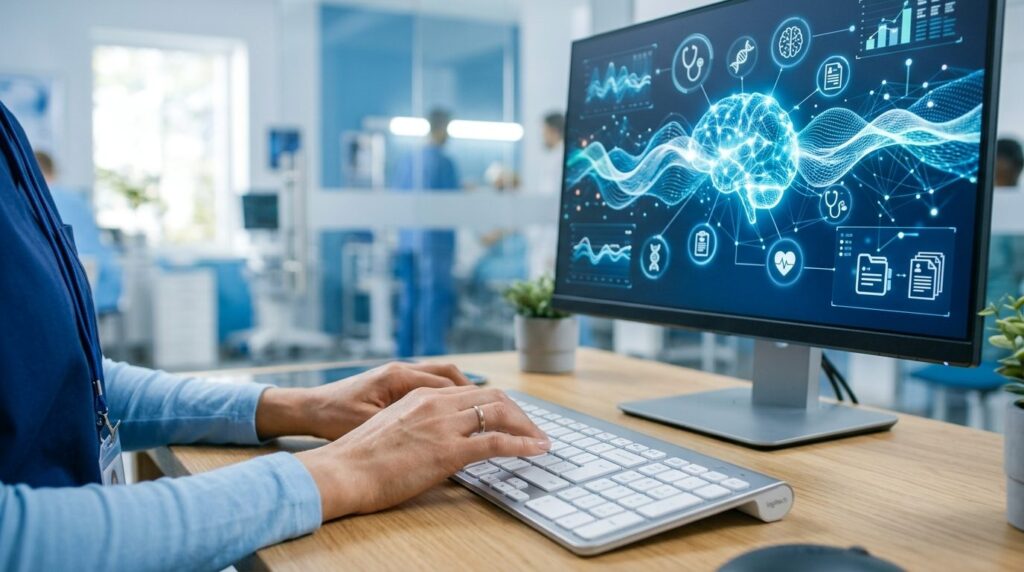 Close-up of a healthcare professionals hands typing on a ke