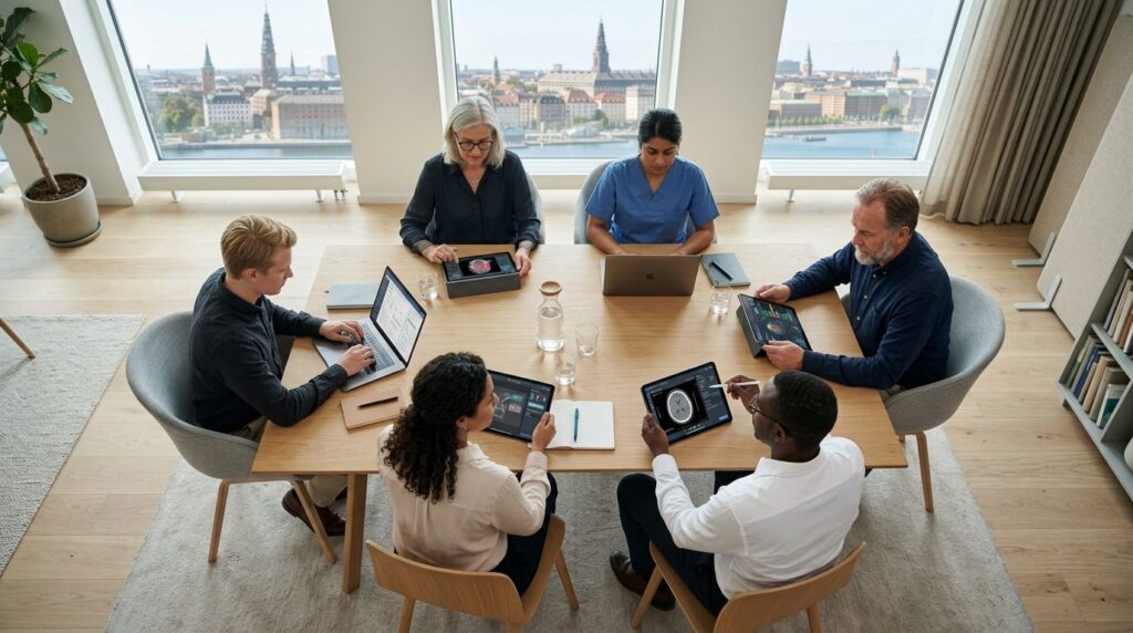 Top-down view of a collaborative medical team meeting around