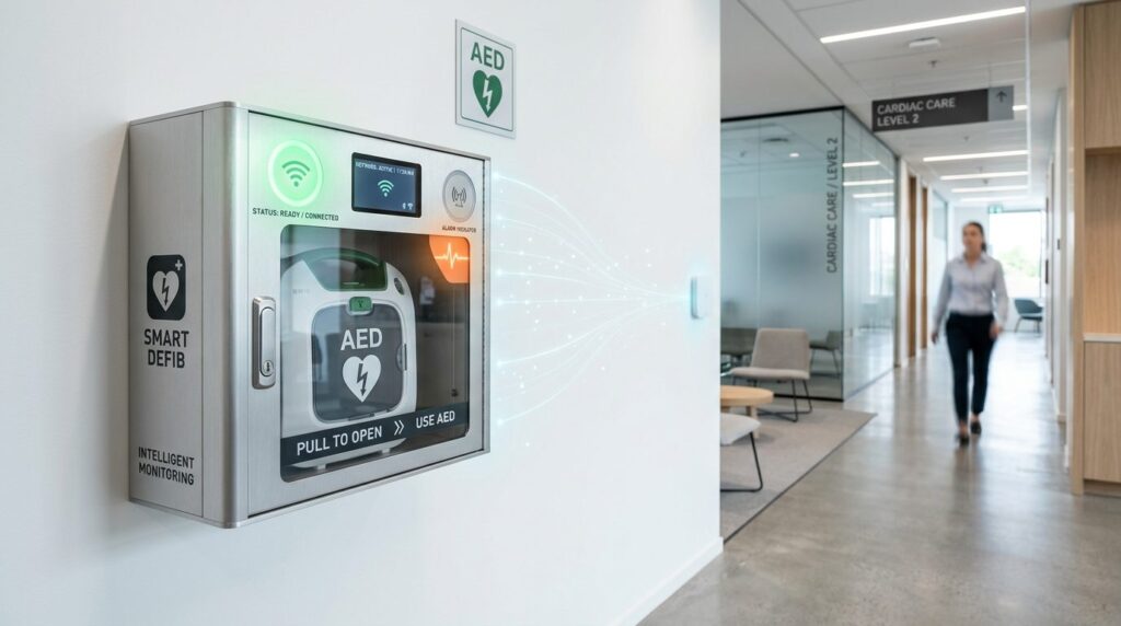Nærbillede af et intelligentskab med AED-udstyr til hjertestop.