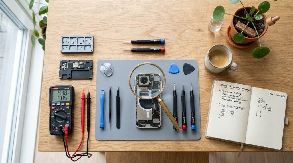 Top-down flat lay of iPhone repair tools arranged on wooden 
