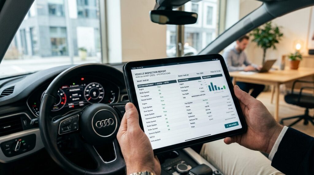 Hænder holder en digital tablet, der viser oplysninger om et køretøj.