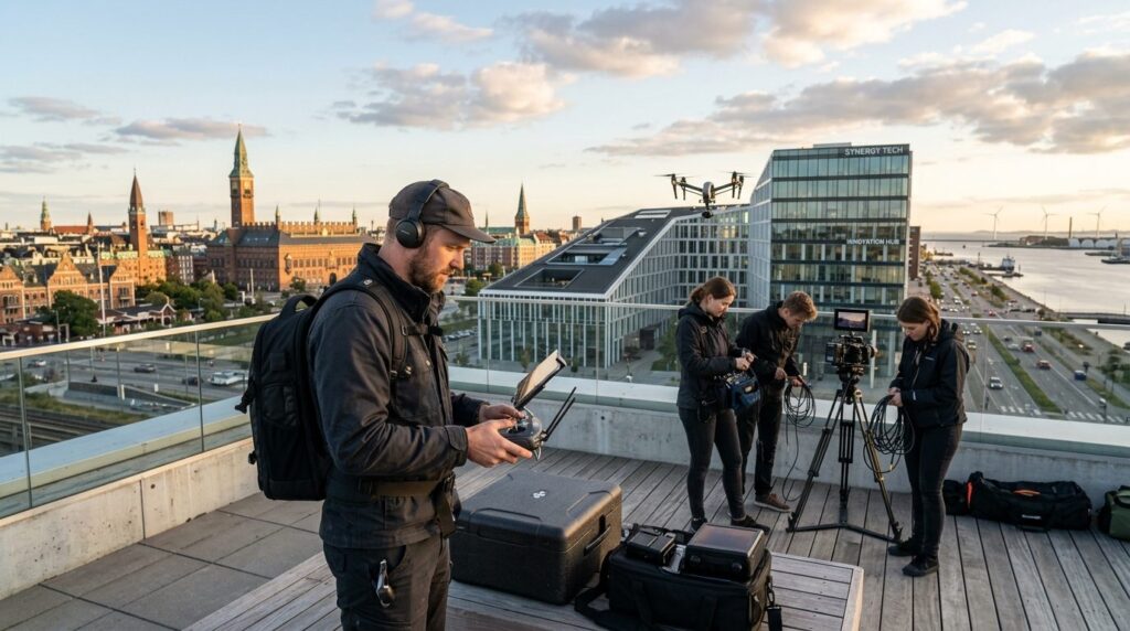 Professional videographer operating drone equipment on Copen