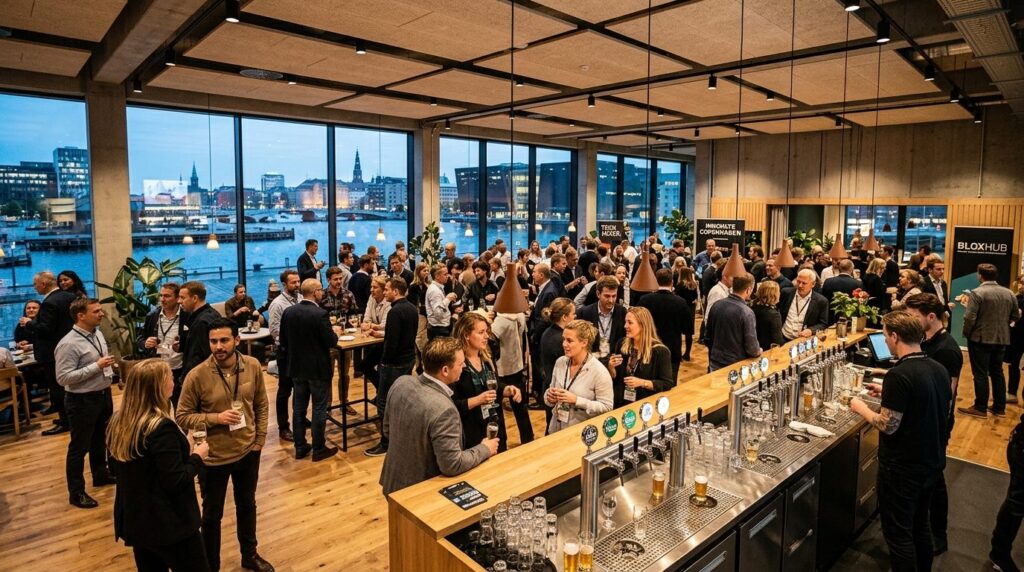 Wide-angle shot of a Copenhagen innovation hub hosting a cor