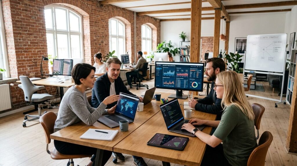 Wide shot of a creative tech team in a bright Copenhagen lof