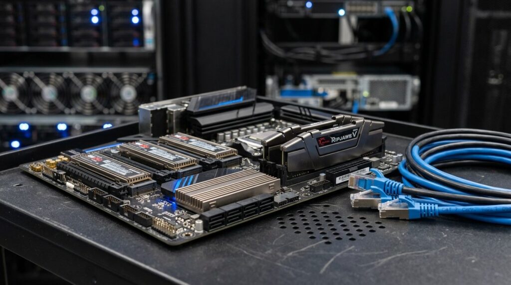 Photorealistic stock image, 16:9 format: Close-up of server 