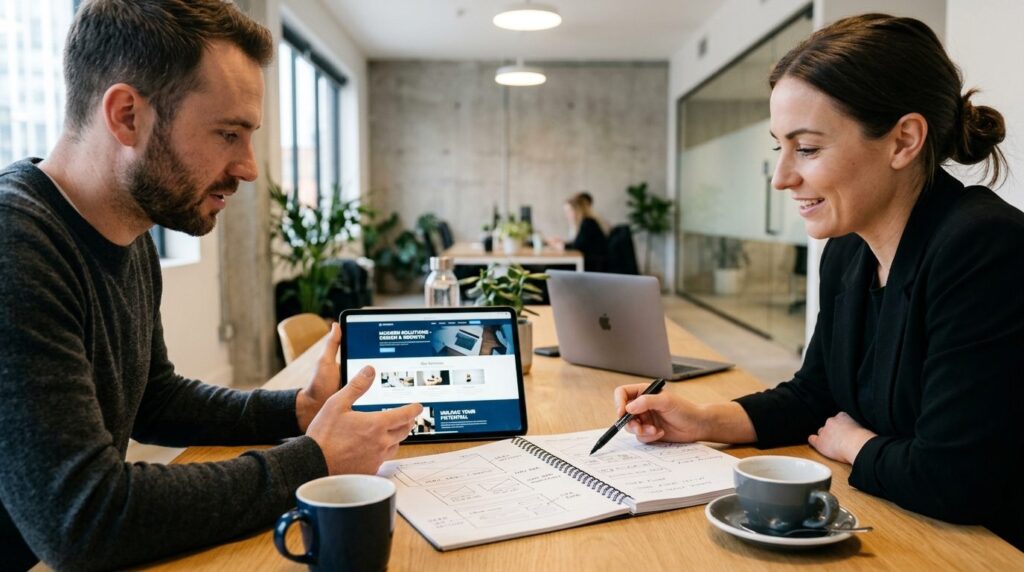 Close-up photograph of a business meeting in a minimalist te
