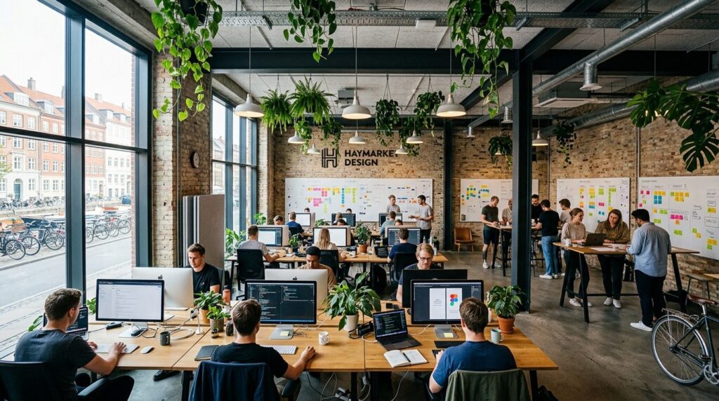 Wide-angle photograph of a Copenhagen creative agency worksp