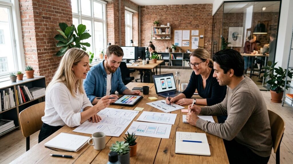 Team meeting in a modern Copenhagen creative agency: Four pr