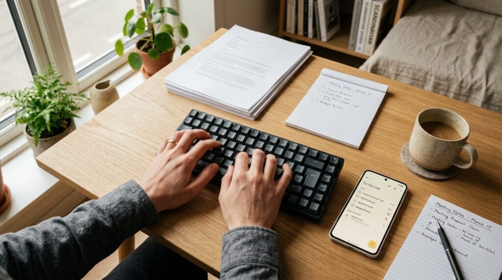 Close-up overhead shot of hands typing on a keyboard with a 