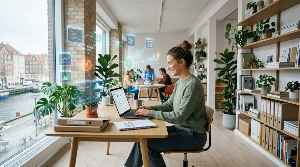 Wide shot of a young professional in a bright Copenhagen stu