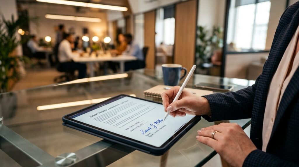 Close-up overhead shot of business professionals hands sign