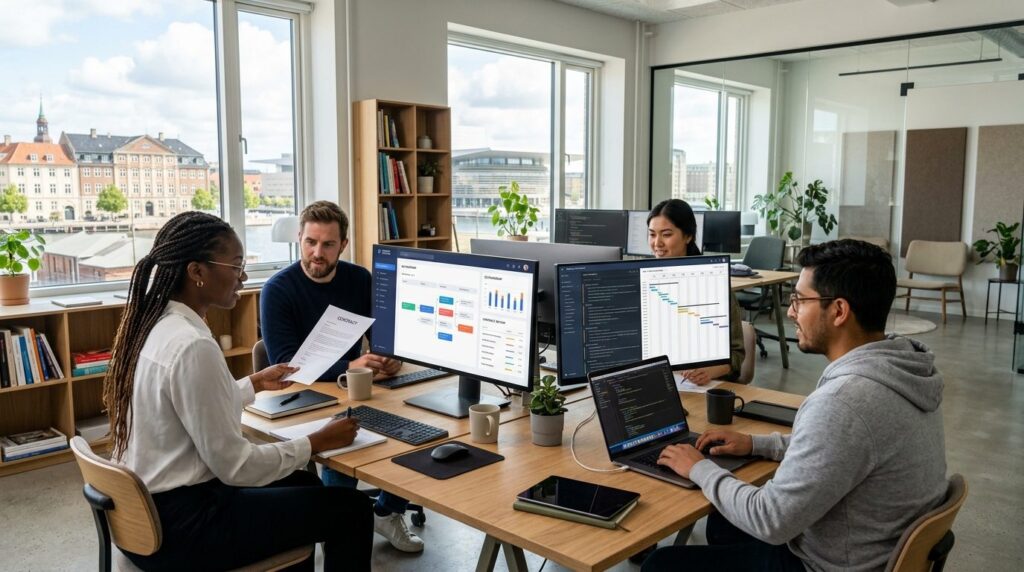 Bright Scandinavian tech startup office, creative workspace 