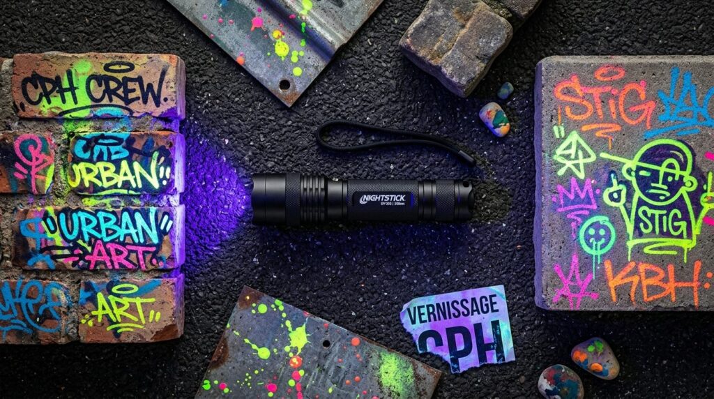 Overhead flat lay composition of a professional handheld UV 